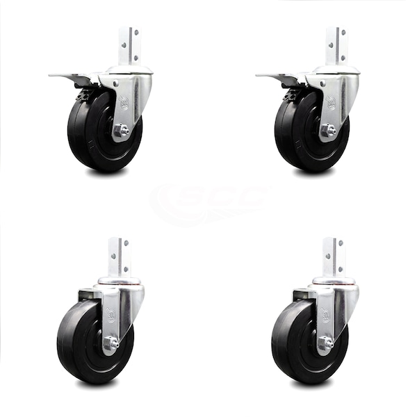4 Inch Soft Rubber Swivel 7/8 Inch Square Stem Caster Total Lock Brakes, 2PK